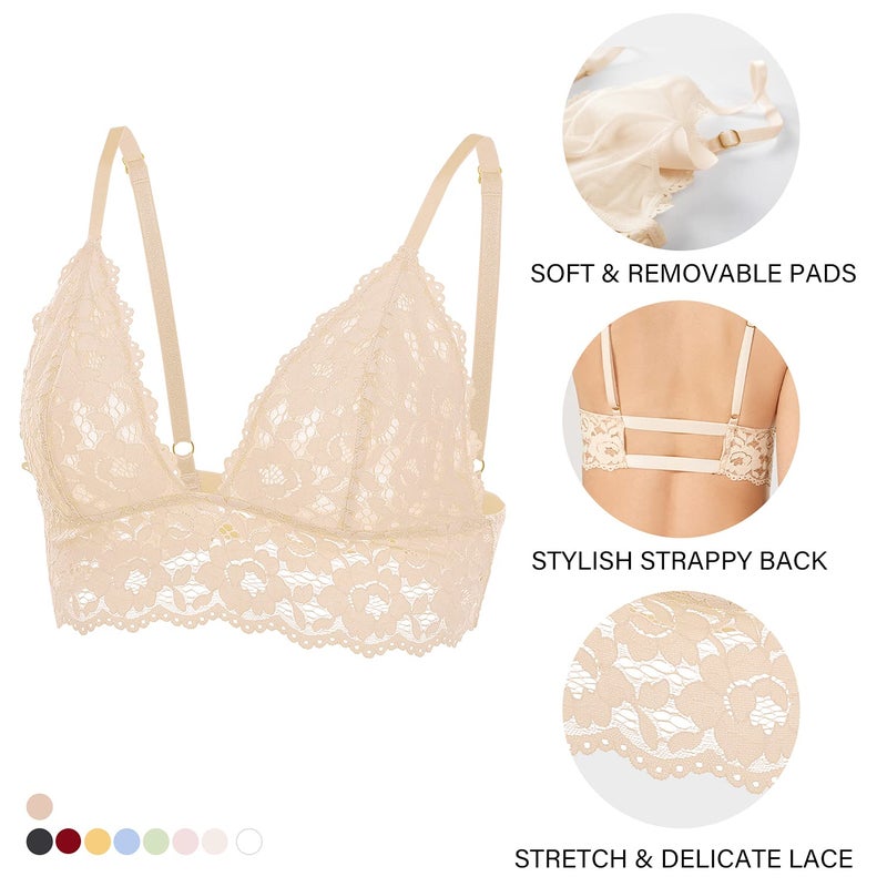 DOBREVA Women's Lace Padded Bralette Plunge Wireless Longline Bra for A to D Cups Beige Medium - Image 4